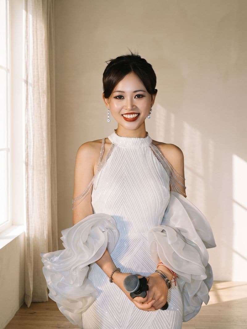 Jaya Lee in a white gown, in daylight by a window, holding a microphone