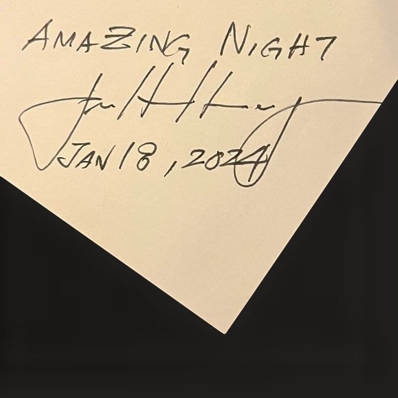 A handwritten card reading Amazing night, signed and dated 18 January 2024