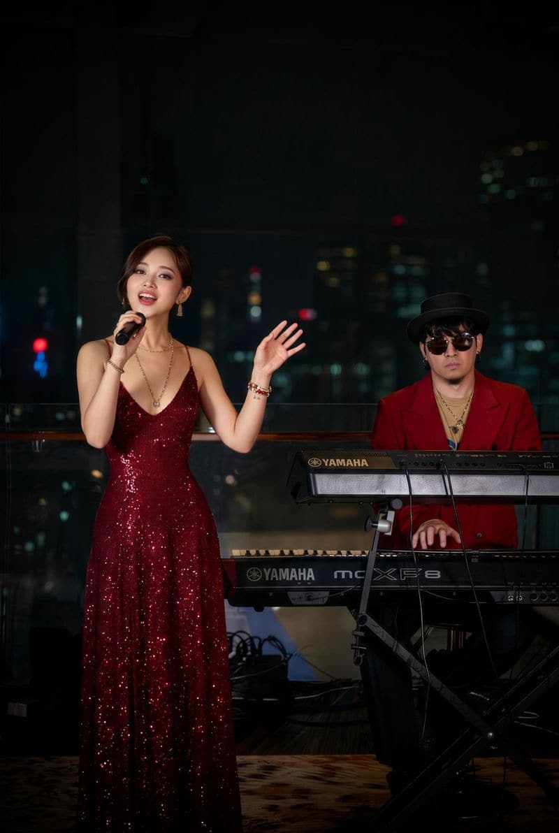 Jaya Lee in a red sequin dress with a keyboardist behind her, night windows beyond